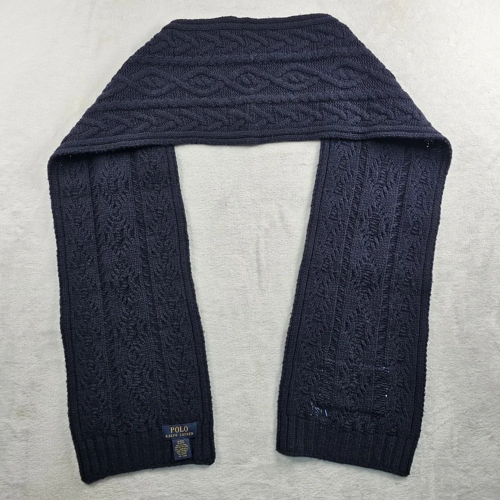 Polo Ralph Lauren RL 67 Lambs Wool Scarf Navy Cable Knit American USA Flag 8x66